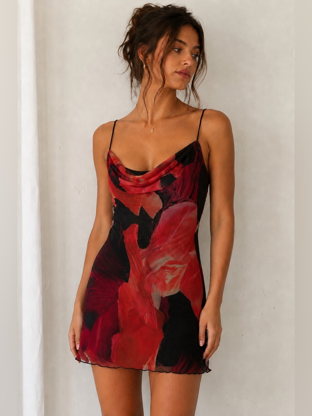 Princess Polly Red Floral Mesh Cowl Neck Mini Dress Size 4 Y2K - Picture 1 of 7